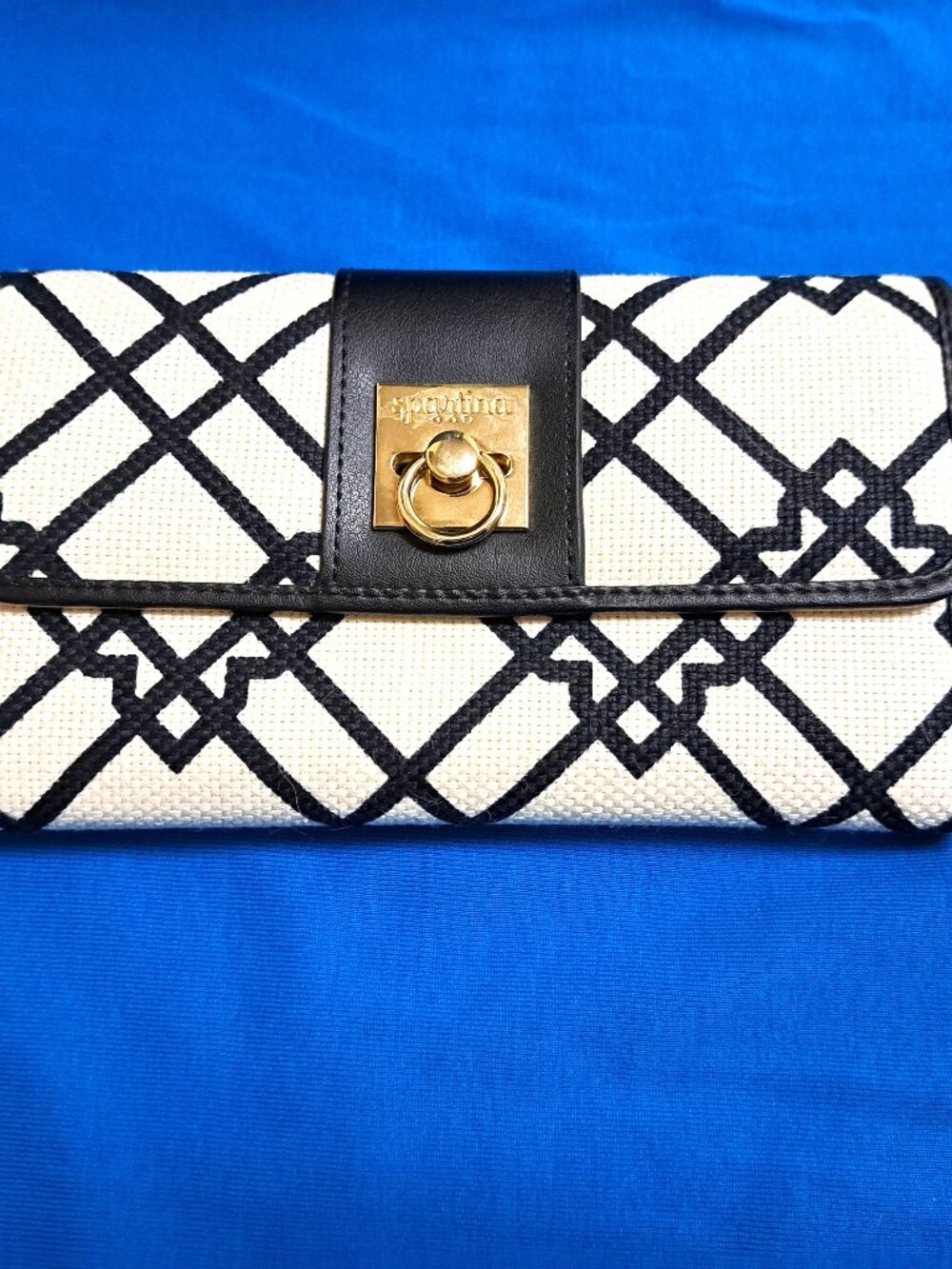 WHITE & BLACK SPARTINA TRIFOLD WALLET LINEN FABRIC GOLD HARDWARE
